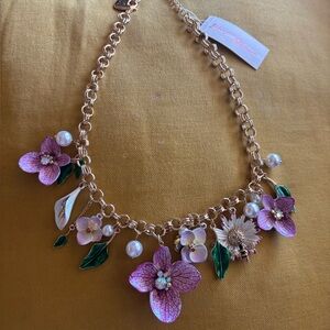Betsey Johnson Pink and Gold Floral Pearl Charm Necklace